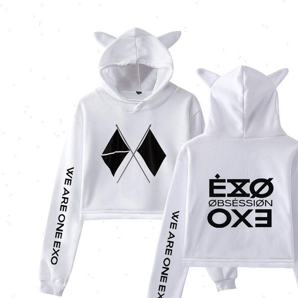 

kpop exo album sixth women sweatshirt obsession we are one print fashion cat ears hoodies clothes, Black
