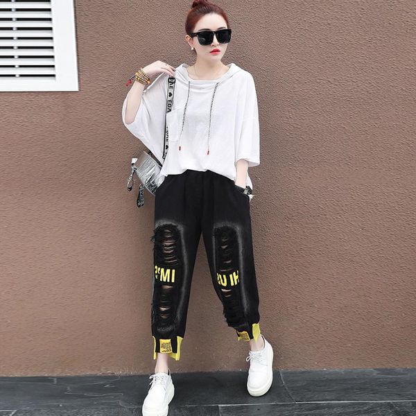 

women's two piece pants set hood hoodie tracksuit women korean fashion loungewear suits sweatshirt matching aesthetic 2 ripped jeans, White