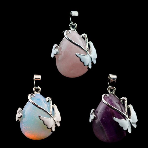 

water-drop shape natural gemstone butterfly simple style pendant amethyst opal rose quartz healing crystal necklace fashion charm reiki ston, Silver