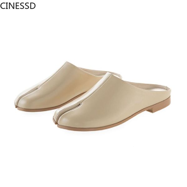 

split toe cow leather slippers women slip-on sandals genuine flip flop low heel novelty concise casual shoes woman, Black