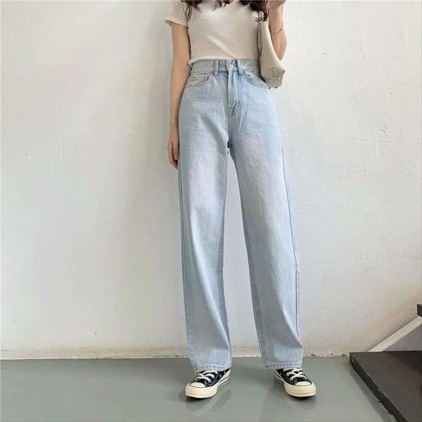 

women's jeans summer street fashion solid color cotton high waist straight casual women, elegant simple slim long women, Blue