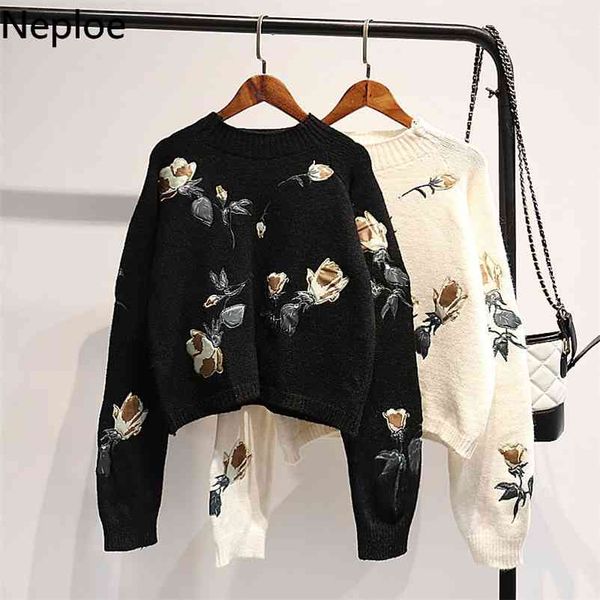 

vintage sweater pullovers women autumn winter korean loose slim studen knit pull femme short floral ladies 46388 210422, White;black