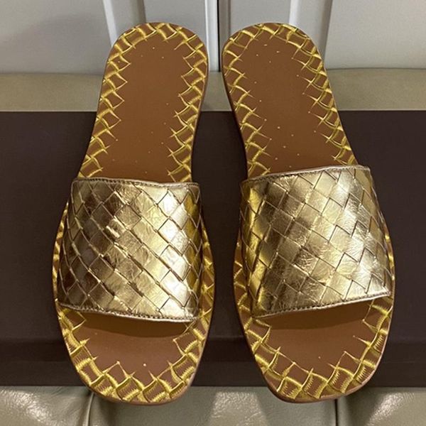 

slippers real leather weave design slipper women brand flats open toe beach slides fashion outdoor shoes woman big size 43, Black