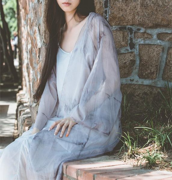 

women's trench coats nini wonderland summer 2021 v neck print chiffon irregular cardigan coat women thin mori girls style, Tan;black