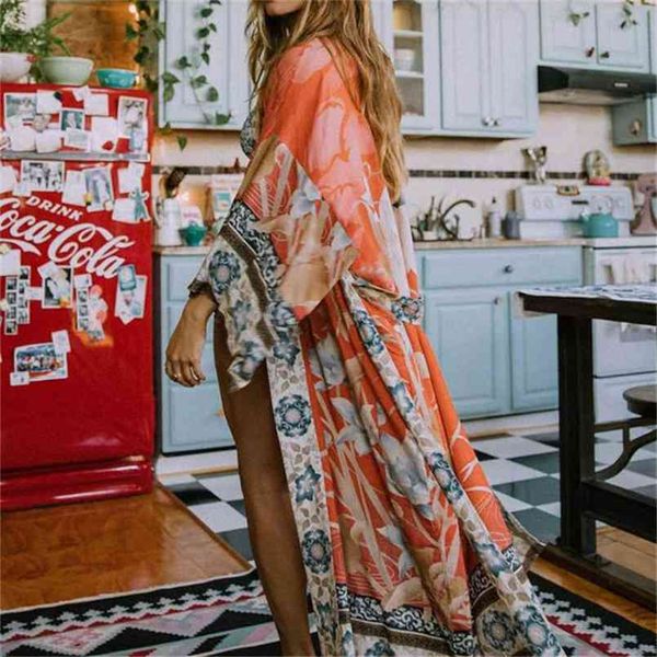 Bohemian Baskılı Kendiliğinden Kuşaklı Gevşek Yaz Plaj Tunik Artı Boyutu Uzun Kimono Kadınlar Sokak Giyim Rahat Maxi Elbise N996 210915