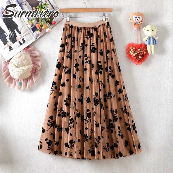 

surmiitro summer midi long tulle skirt women korean style floral flocking high waist mid-length a line pleated skirt female 210712, Black