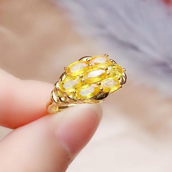 

cluster rings per jewelry natural real yellow sapphire ring 0.35ct*7pcs gemstone 925 sterling silver for men or women q205817, Golden;silver