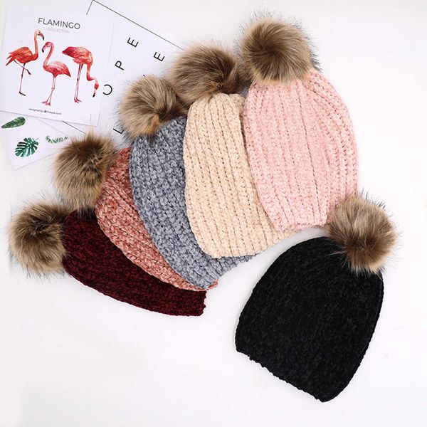 Gestrickte Mützen Pom Pelz Ball Hut warme Wolle Unisex häkeln Schädel Beanie weibliche Outdoor-Kappen Winter Frauen