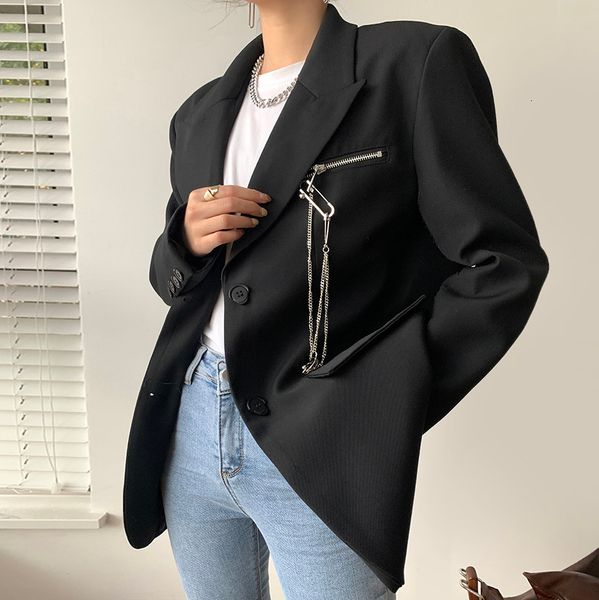 

fashion track black blazer silver chain metal sleeve blazers woman jacket outwear spring, White;black