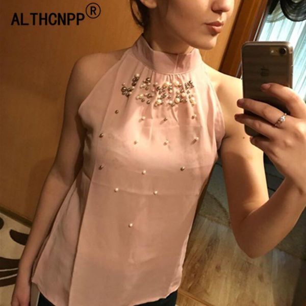 

women's blouses & shirts summer womens and korean fashion sweet beading chiffon blouse femme sleeveless shirt blusa feminina, White