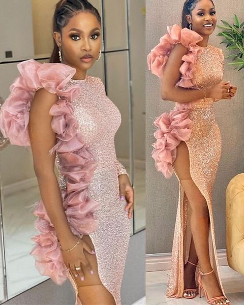 Aso Ebi 2021 Arabisch Plus Größe Stilvolle Sexy Pailletten Abendkleider Hohe Split Langarm Prom Formale Party Zweite Empfang kleider ZJ365