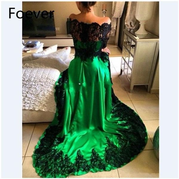 

party dresses abendkleider emerald green evening dress prom with black lace appliques long sleeve vestidos largos para bodas, White;black