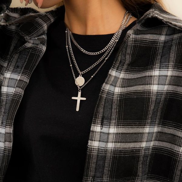 

pendant necklaces shixin punk hip hop chain stainless steel necklace with love coin/cross for women/men long gift, Silver