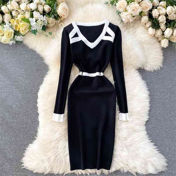 

women's autumn winter dress american style color matching v-neck elastic waist slimming base knitted es gx543 210507, Black;gray