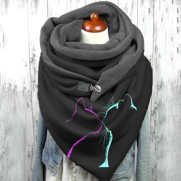 

scarves retro women's scarf casual cute cat printed button soft wrap warm shawls winter female #yj, Blue;gray