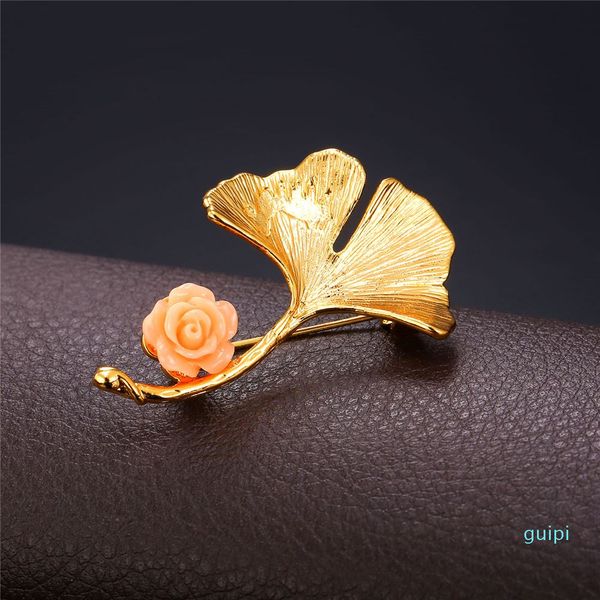 

unique new trendy gold leaf women brooches wholesale 18k real gold plated pink flower mens lucky jewelry pin ginkgo brooches b102, Silver