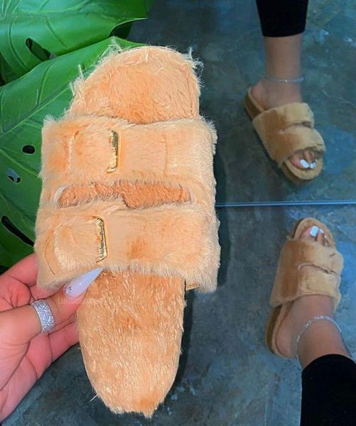 

factory wholesale delivery 2021 autumn and winter metal buckle flat large size ladies home slippers candy color fur sli, Black
