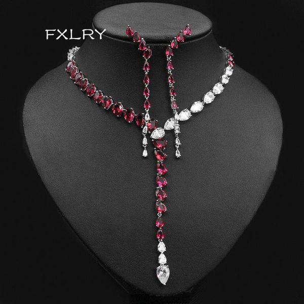 

earrings & necklace fxlry luxury zircon water drop shape pendant set for women party wedding jewelry, Silver