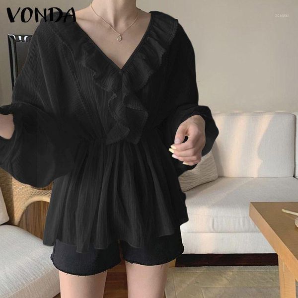 

ruffled blouse vonda women casual long sleeve cotton pleated v neck party robe bohemian blusas femininas plus size women's blouses, White
