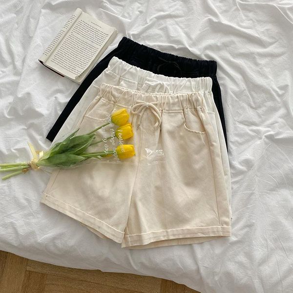 

women's shorts basic style fashion short women casual drawstring wide leg trouser femme high waist cotton bottoms, White;black