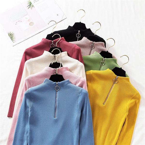 

women's sweaters chic zipper women sweater solid o-neck long sleeve knitted winter casual slim ladies pullovers female knitting, White;black