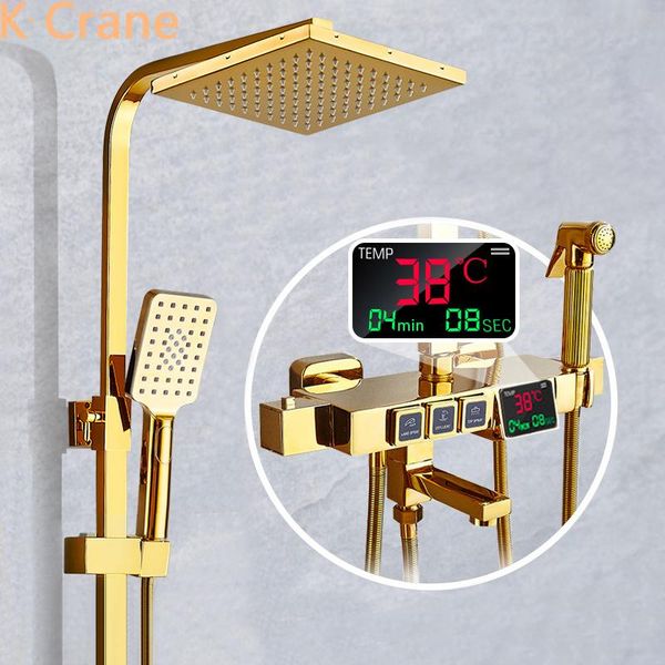 

gold digital shower set bathroom smart thermostatic system wall mount square spray bath faucet spa rainfall led torneiras sets