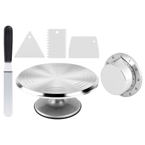 

set 12 inch rotating cake decorating stand with angled icing spatula & 1 pcs round stainless steel kitchen timer baking pastry tools