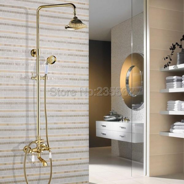 

golden brass finish contemporary bathroom 7 inch rain shower faucet set w/ bathtub mixer taps lgf377 sets