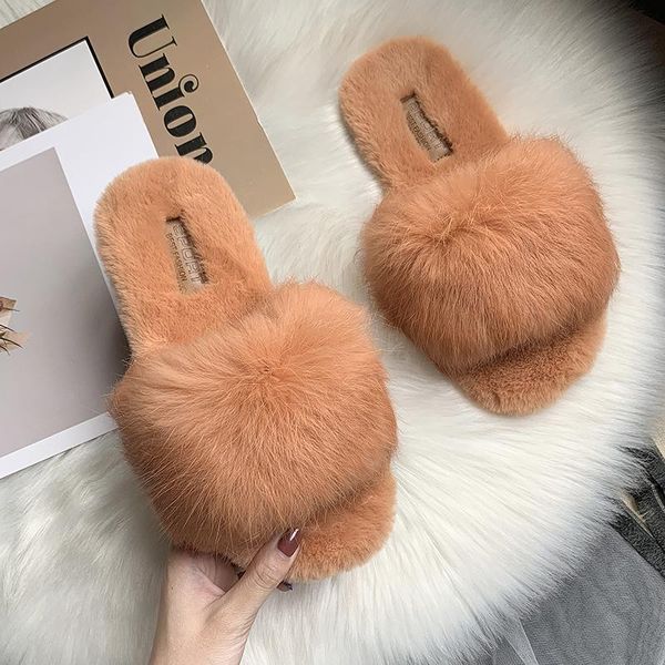 

women slippers shoes fur home slides ladies furry indoor flip flops fluffy, Black