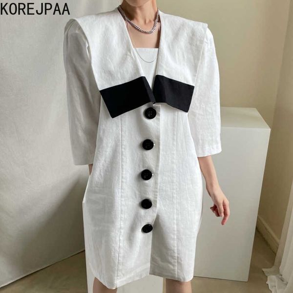 Korejpaa Mulheres Vestido Verão Francês Marinho Colarinho Contraste Solta-Breasted Loose Casual Três Quarteis Slow Sleeve Vestidos 210526