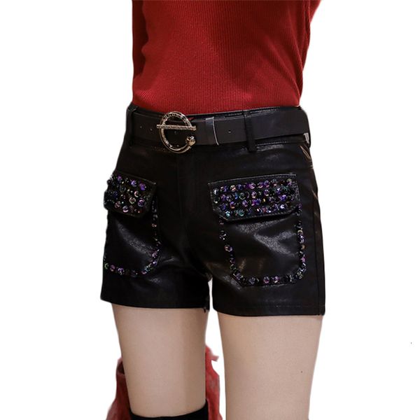 

women's shorts sequined high waist leather pants, large pu shorts, with all boots, 4xl, spring, White;black