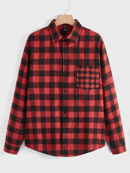 

men 1pc buffalo plaid patched pocket shirt v9az#, White;black