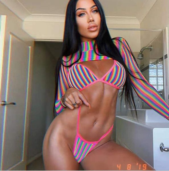 

women's swimwear summer womens rainbow striped bikini sets with long sleeve 3pcs push up bra beachwear brazilian bathing suit, White;black