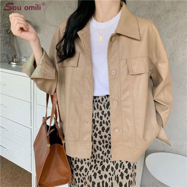 

women's leather & faux khaki jacket spring loose long sleeve suit blazers streetwear coat 2021, Black
