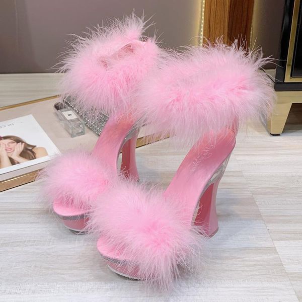 

sandals 2021 4 color feather thick high heels platform women 14cm 17cm shoes female summer hair wedding pumps ws311, Black