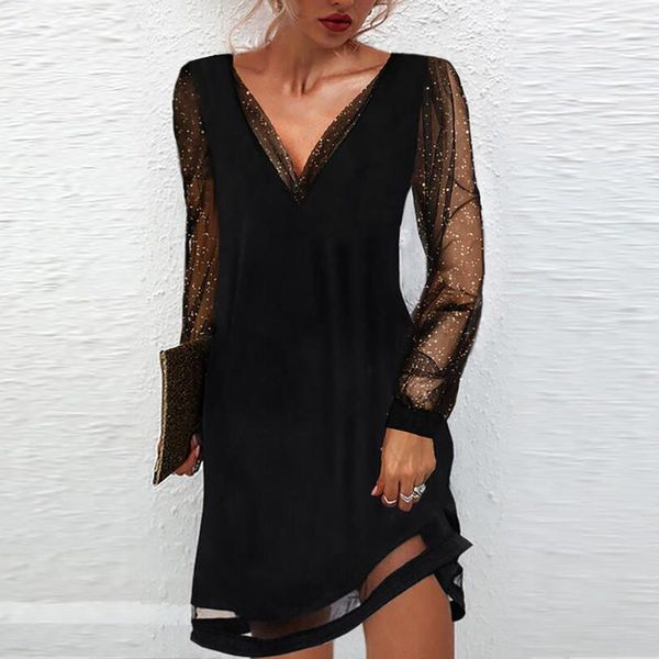 Casual Kleider Sexy Party Perspektive Kleid Für Frauen V-ausschnitt Langarm Hohe Taille Schlank Rüschen Weiß Mesh 2021