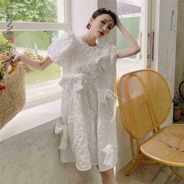 

summer dress for women white black color round neck high waist loose puff sleeve cute dresses female 2d1613 210526, Black;gray