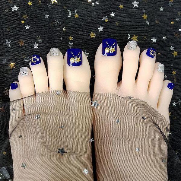 

24pcs fake nail with glue square patches diamond blue shell star moon gold foil gifts for girls summer dl false nails, Red;gold