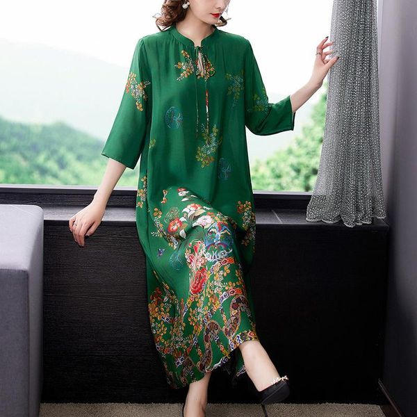 

elegant green floral printed women dress plus size -3xl 3/4 sleeved lace up collar casual vintage dresses spring robes, Black;gray