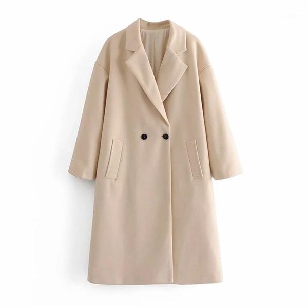 

women's wool & blends high street mid length solid color outwear 2021 autumn beige woolen coat woman fashion two button lapel overcoat, Black