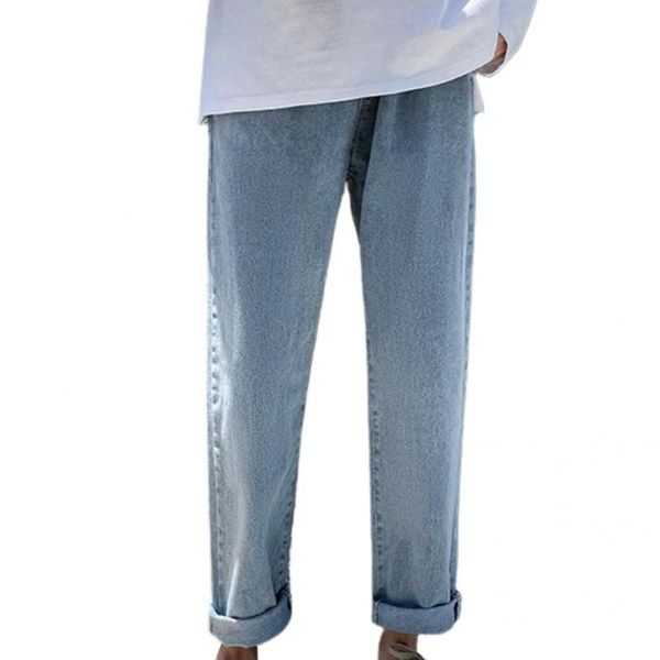 

men's jeans mid waist wide legs straight solid color pants for daily wear, Blue
