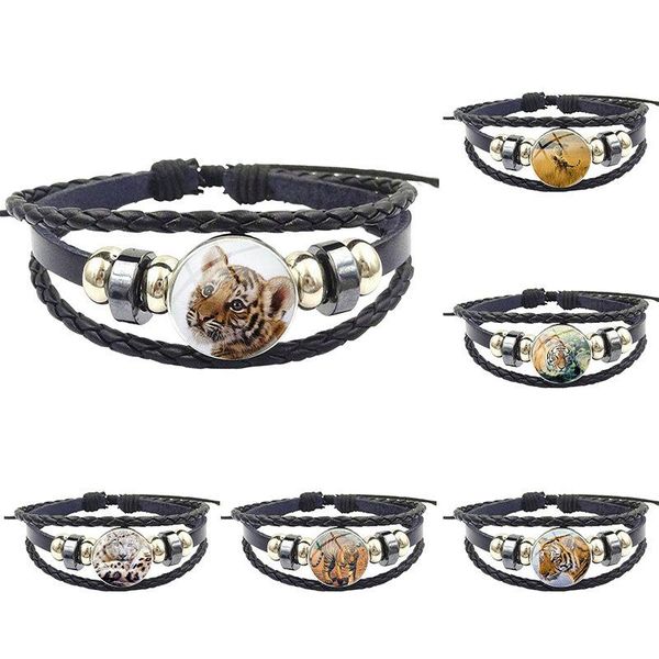 

charm bracelets for valentine's day gift brand jewelry with glass caochon black leather bracelet bangle wild tigerling, Golden;silver
