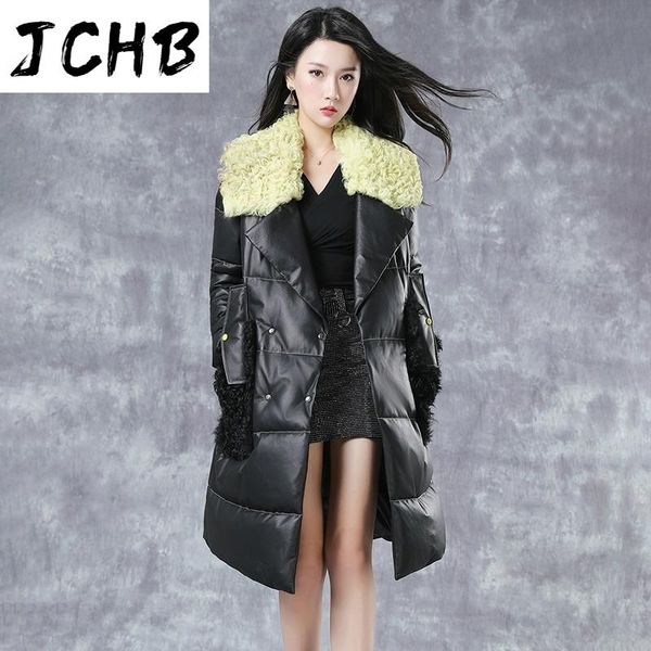 

women's leather & faux shzqjchb real sheepskin jacket women white duck down coat wool fur collar parkas woman long coats mujer chaqueta, Black