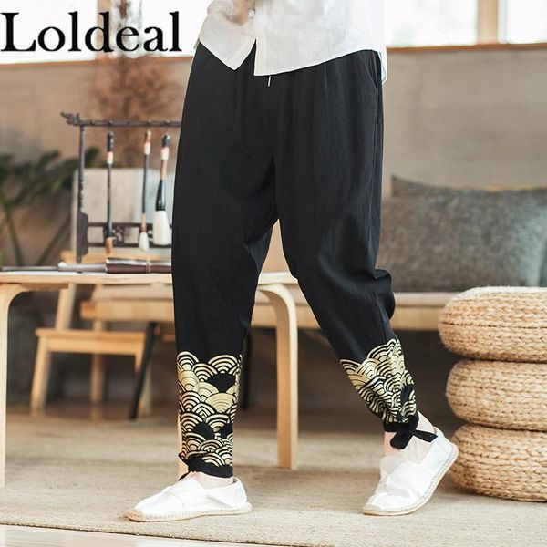 

men's pants loldeal ethnic style long loose printed cotton soft thin casual, Black