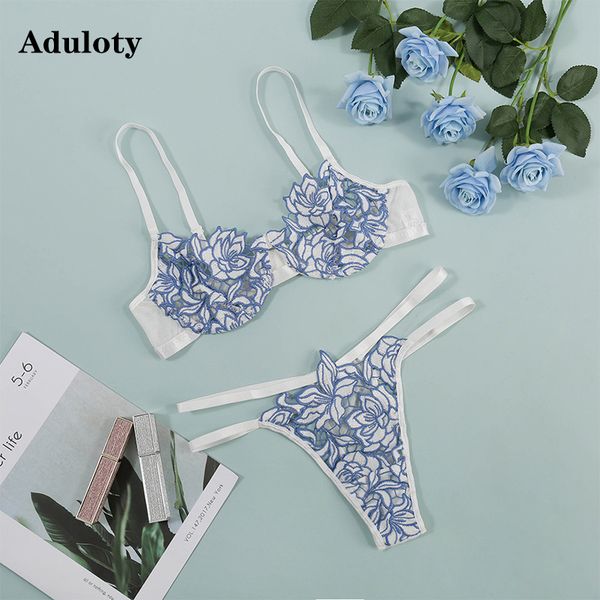 

womens lingerie set water-soluble flower stitching underwire gathering bra set mesh perspective hollow thong underwear set, Black;white