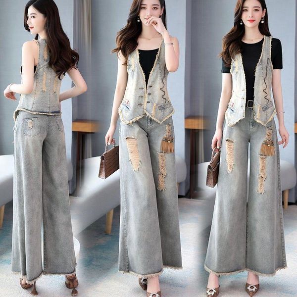 

women's two piece pants fashion denim women jeans sets autumn winter vintage vest and wide leg ankle length female clothing suits quali, White