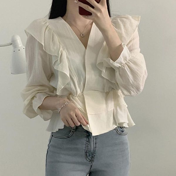 

women's blouses & shirts sweet solid v-neck long sleeve women slim waist one button crop fashion all-match ruffles patchwork female, White