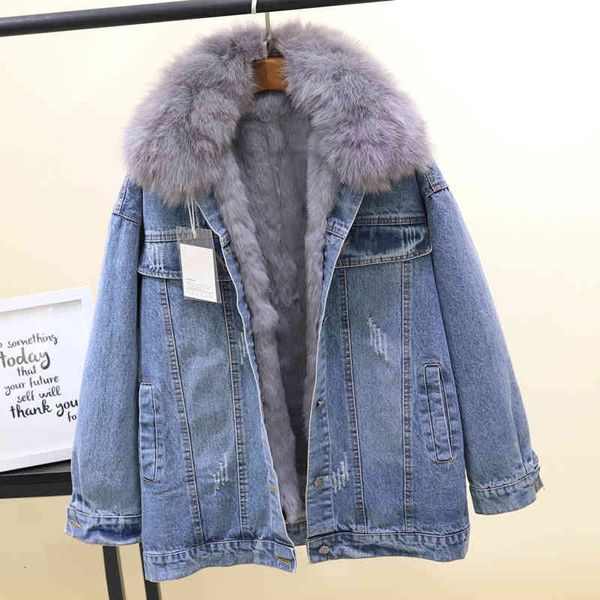 

jacket autumn winter denim women rabbit wool liner jeans jacket fox fur collar outwear vintage plus size thick warm ladies coat, Black;brown