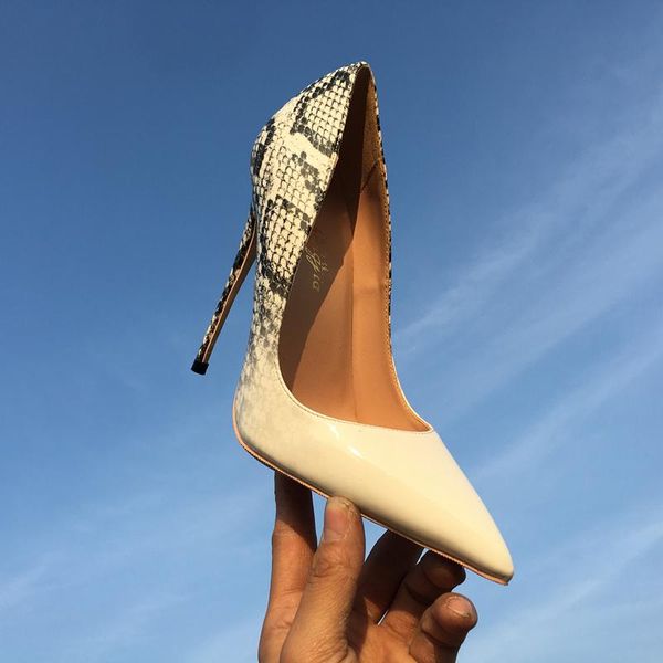 

dress shoes 2021 gradient color snakeskin type celebrity high heels lady 12cm pointed toe shallow mouth banquet pumps big size 44 4, Black