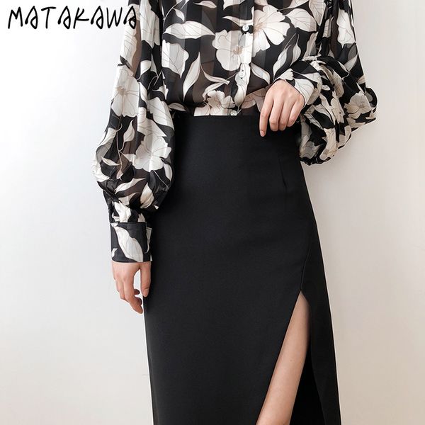 

matakawa high waist split skirts summer a-line woman skirts faldas mujer moda bodycon skirt korean fashion clothing 210513, Black